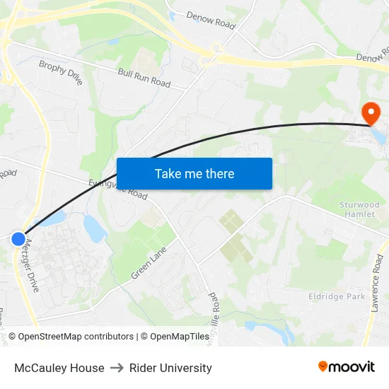 McCauley House to Rider University map