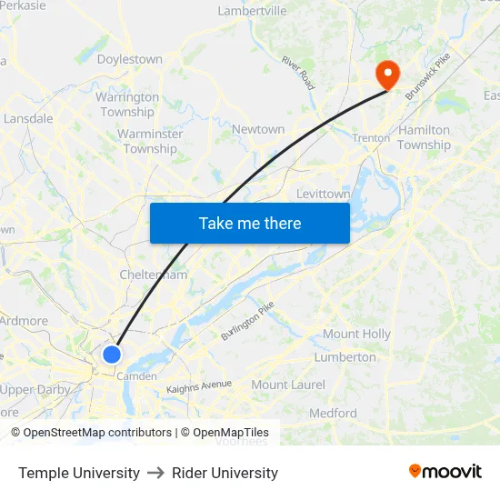Temple University to Rider University map