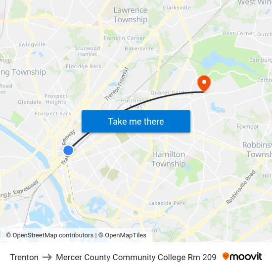 Trenton to Mercer County Community College Rm 209 map