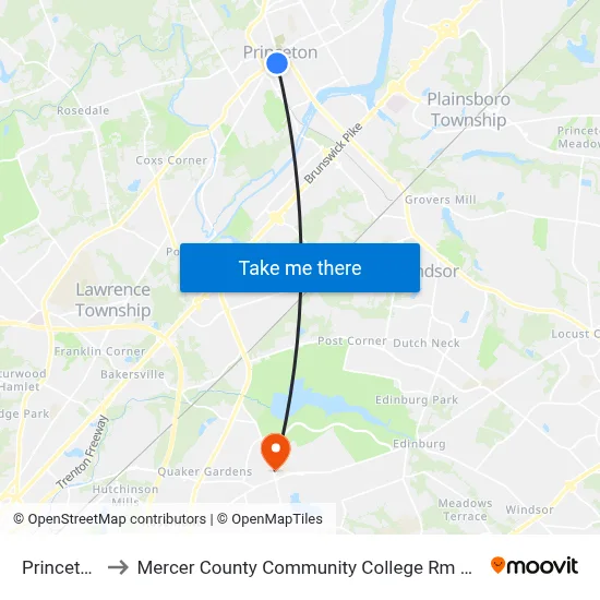 Princeton to Mercer County Community College Rm 209 map