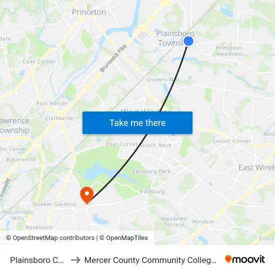 Plainsboro Center to Mercer County Community College Rm 209 map