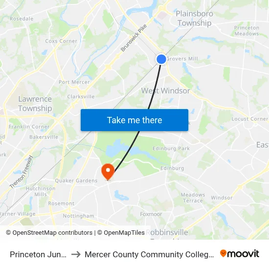 Princeton Junction to Mercer County Community College Rm 209 map