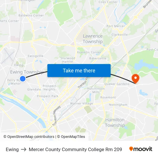 Ewing to Mercer County Community College Rm 209 map