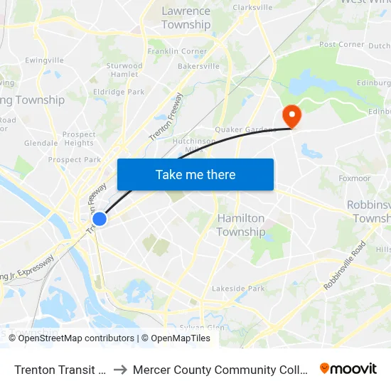 Trenton Transit Center to Mercer County Community College Rm 209 map