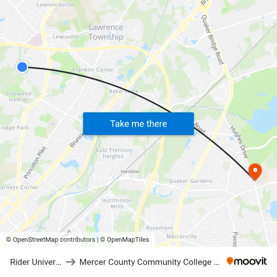 Rider University to Mercer County Community College Rm 209 map