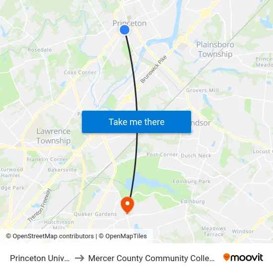 Princeton University to Mercer County Community College Rm 209 map