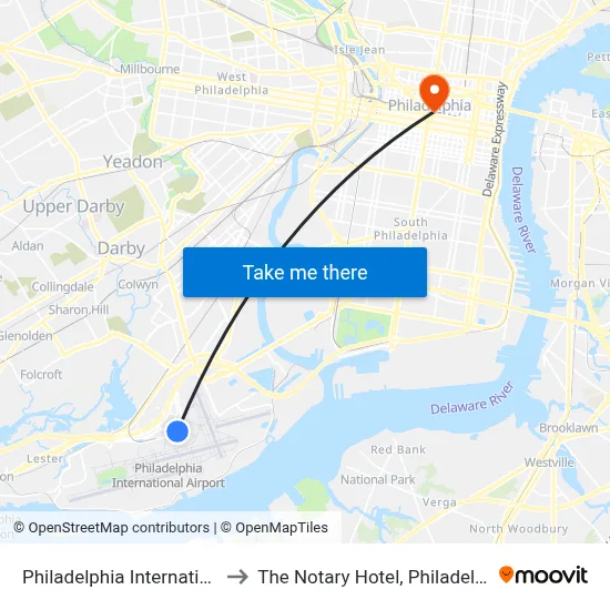Philadelphia International Airport Terminal D to The Notary Hotel, Philadelphia, Autograph Collection map