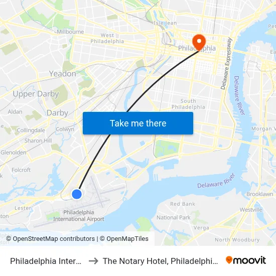 Philadelphia International Airport to The Notary Hotel, Philadelphia, Autograph Collection map