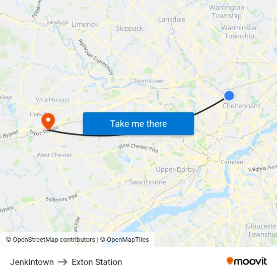 Jenkintown to Exton Station map