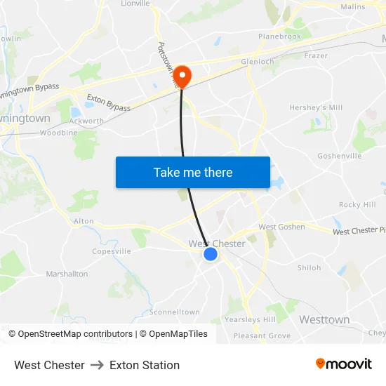 West Chester to Exton Station map