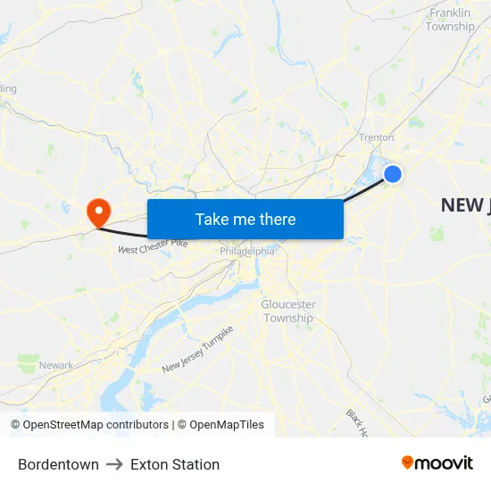 Bordentown to Exton Station map