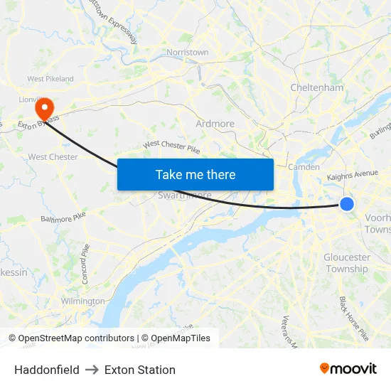 Haddonfield to Exton Station map
