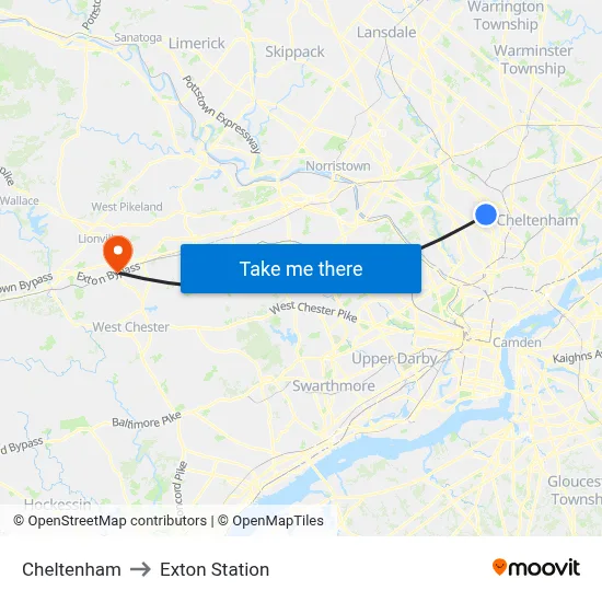 Cheltenham to Exton Station map