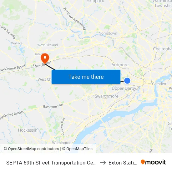 SEPTA 69th Street Transportation Center to Exton Station map