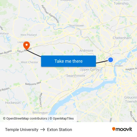 Temple University to Exton Station map