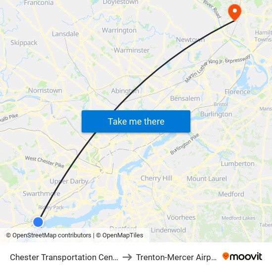 Chester Transportation Center to Trenton-Mercer Airport map