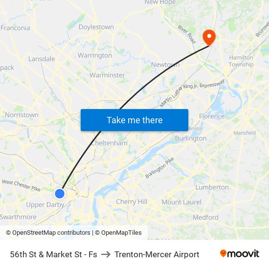 56th St & Market St - Fs to Trenton-Mercer Airport map