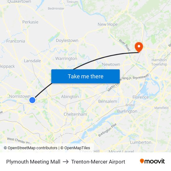 Plymouth Meeting Mall to Trenton-Mercer Airport map