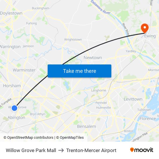 Willow Grove Park Mall to Trenton-Mercer Airport map