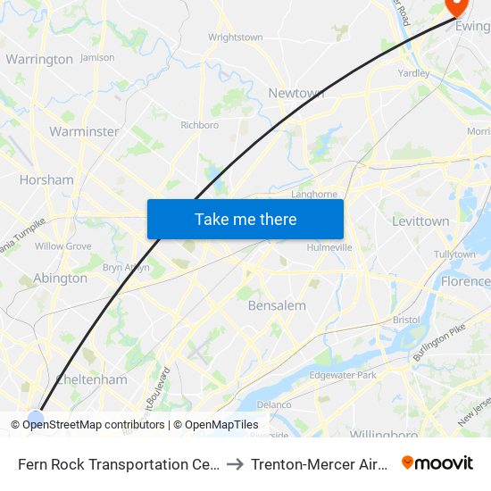 Fern Rock Transportation Center to Trenton-Mercer Airport map