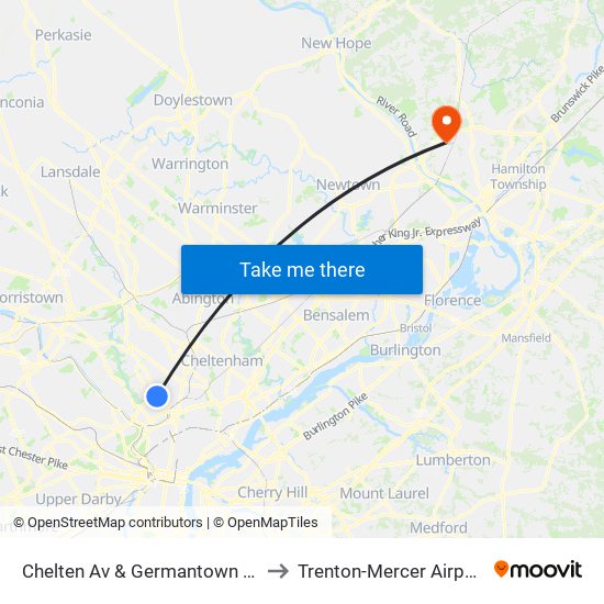 Chelten Av & Germantown Av to Trenton-Mercer Airport map