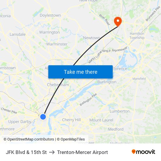 JFK Blvd & 15th St to Trenton-Mercer Airport map