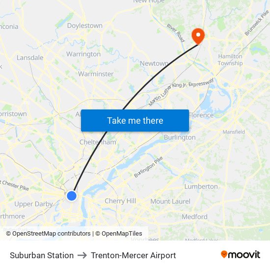 Suburban Station to Trenton-Mercer Airport map