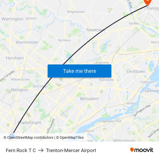 Fern Rock T C to Trenton-Mercer Airport map
