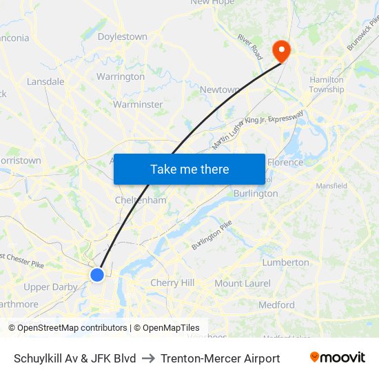 Schuylkill Av & JFK Blvd to Trenton-Mercer Airport map