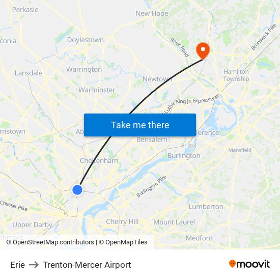 Erie to Trenton-Mercer Airport map