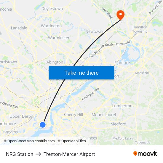 NRG Station to Trenton-Mercer Airport map