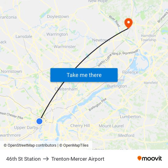 46th St Station to Trenton-Mercer Airport map