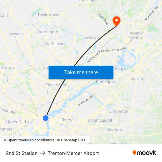 2nd St Station to Trenton-Mercer Airport map