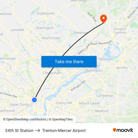 34th St Station to Trenton-Mercer Airport map