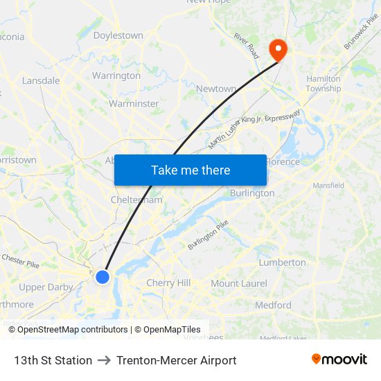 13th St Station to Trenton-Mercer Airport map