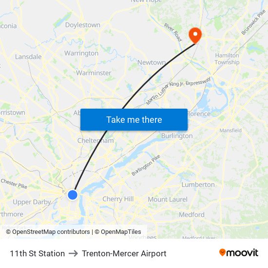 11th St Station to Trenton-Mercer Airport map