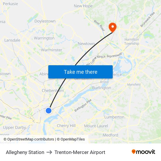 Allegheny Station to Trenton-Mercer Airport map