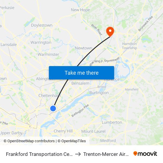 Frankford Transportation Center to Trenton-Mercer Airport map