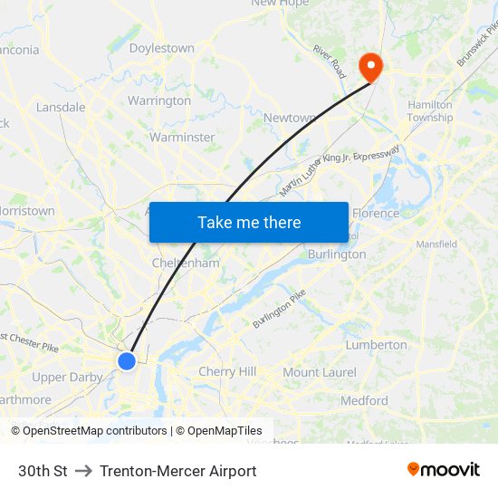 30th St to Trenton-Mercer Airport map
