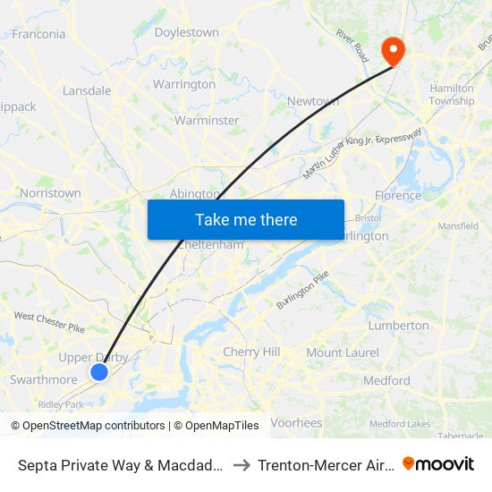 Septa Private Way & Macdade Blvd to Trenton-Mercer Airport map