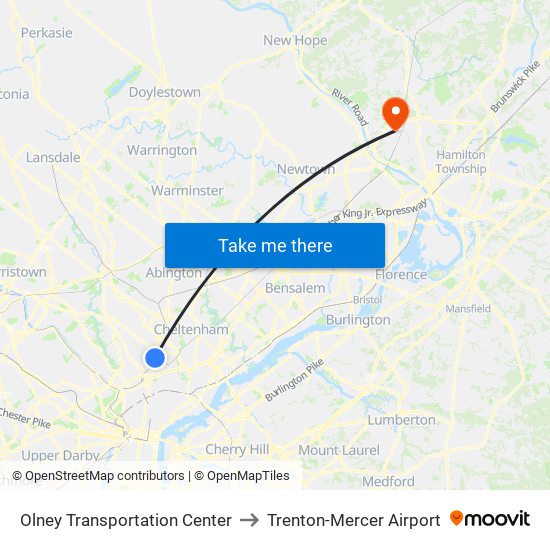 Olney Transportation Center to Trenton-Mercer Airport map