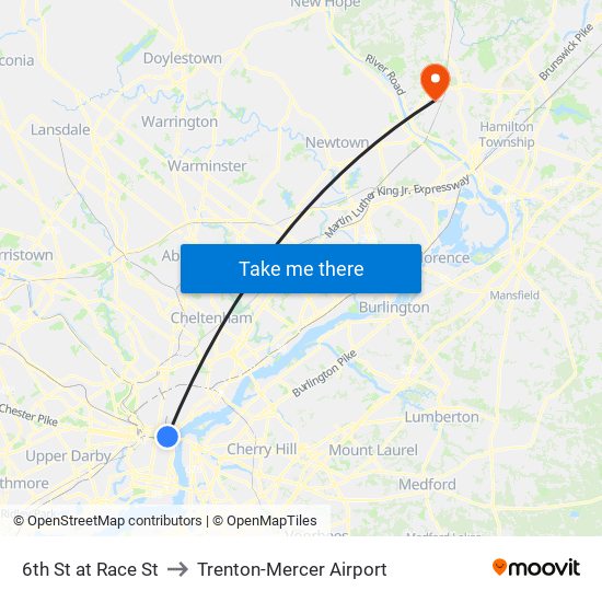 6th St at Race St to Trenton-Mercer Airport map
