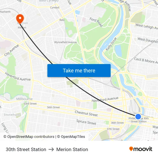 30th Street Station to Merion Station map