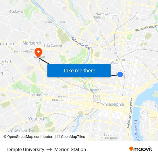 Temple University to Merion Station map