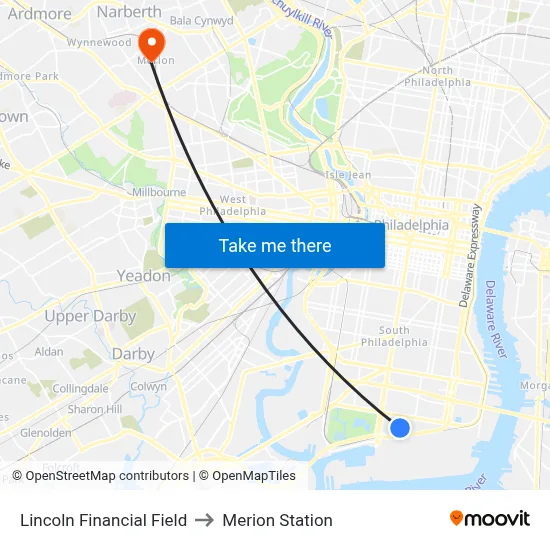 Lincoln Financial Field to Merion Station map