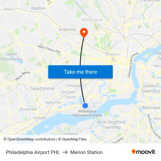 Philadelphia Airport PHL to Merion Station map