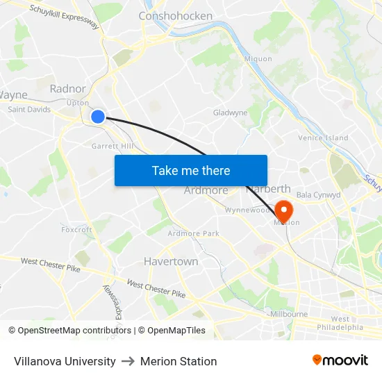 Villanova University to Merion Station map