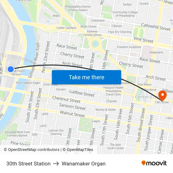 30th Street Station to Wanamaker Organ map