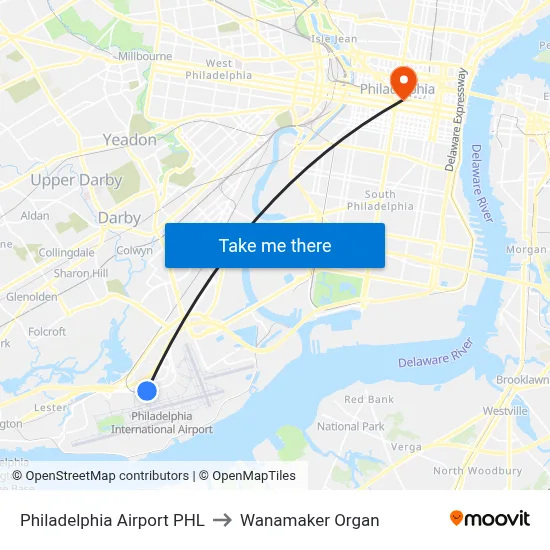 Philadelphia Airport PHL to Wanamaker Organ map