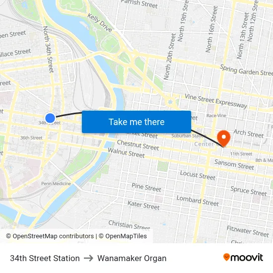 34th Street Station to Wanamaker Organ map